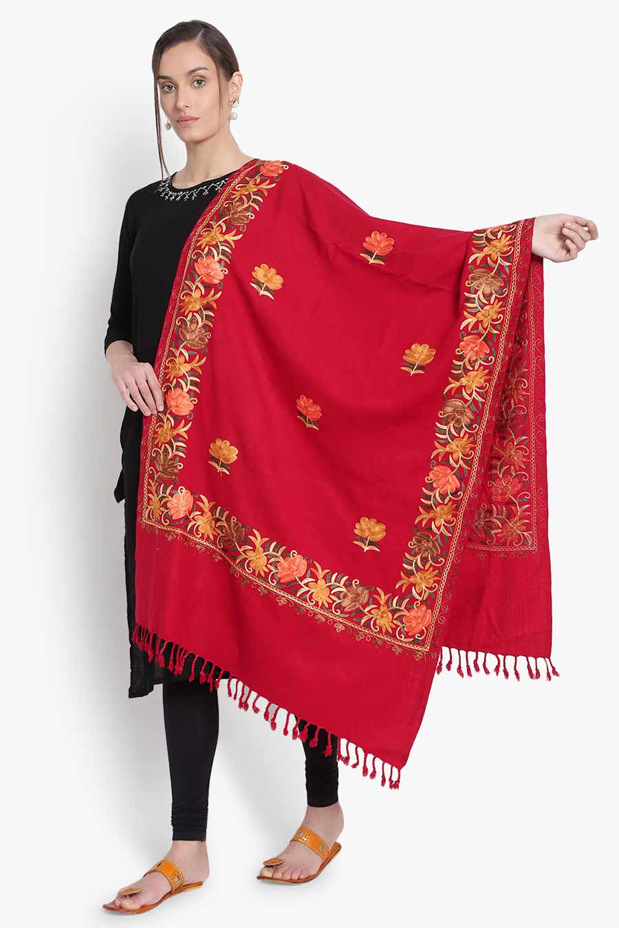 Red Wool Blend Embroidered Stole