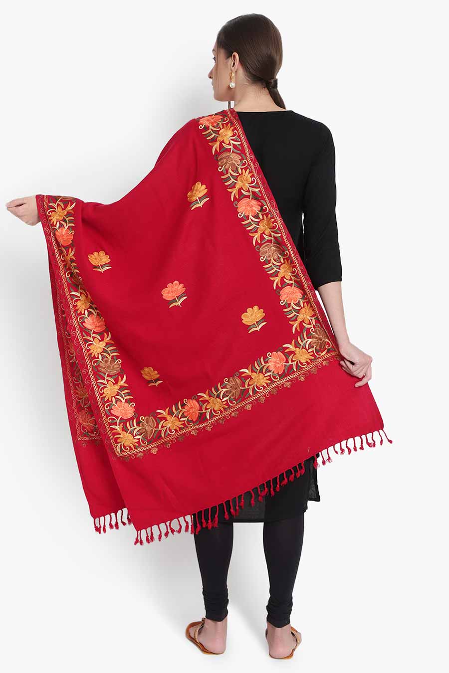 Red Wool Blend Embroidered Stole