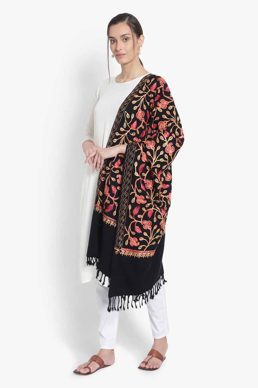 Black Wool Blend Jaal Embroidered Stole
