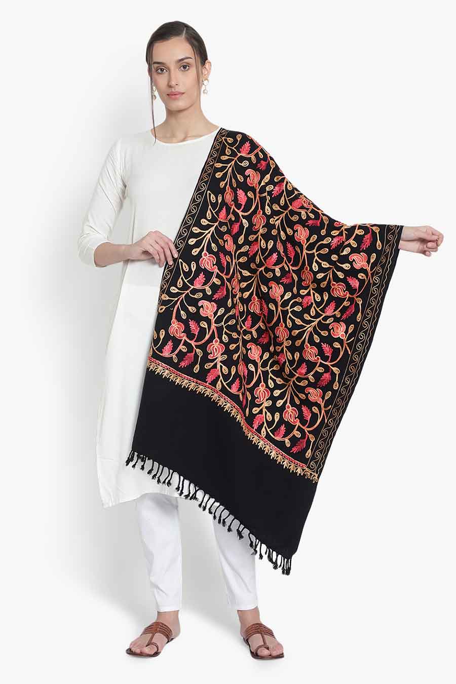 Black Wool Blend Jaal Embroidered Stole
