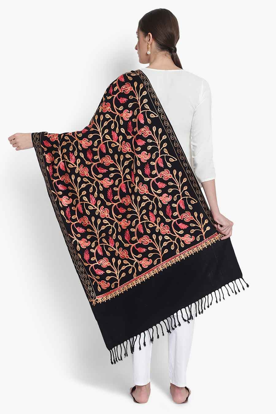 Black Wool Blend Jaal Embroidered Stole