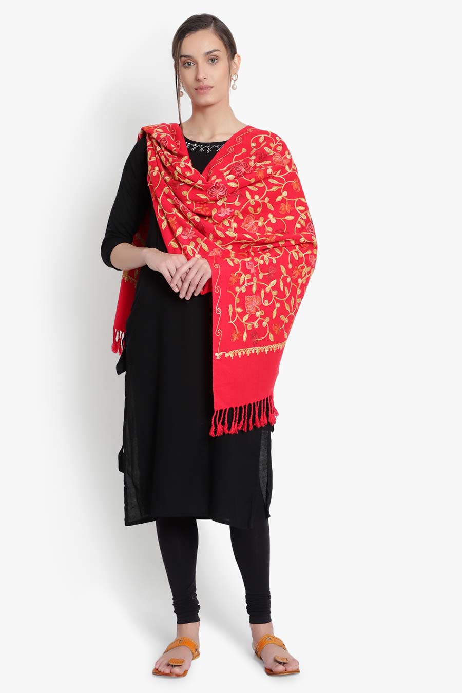 Red Wool Blend Jaal Embroidered Stole