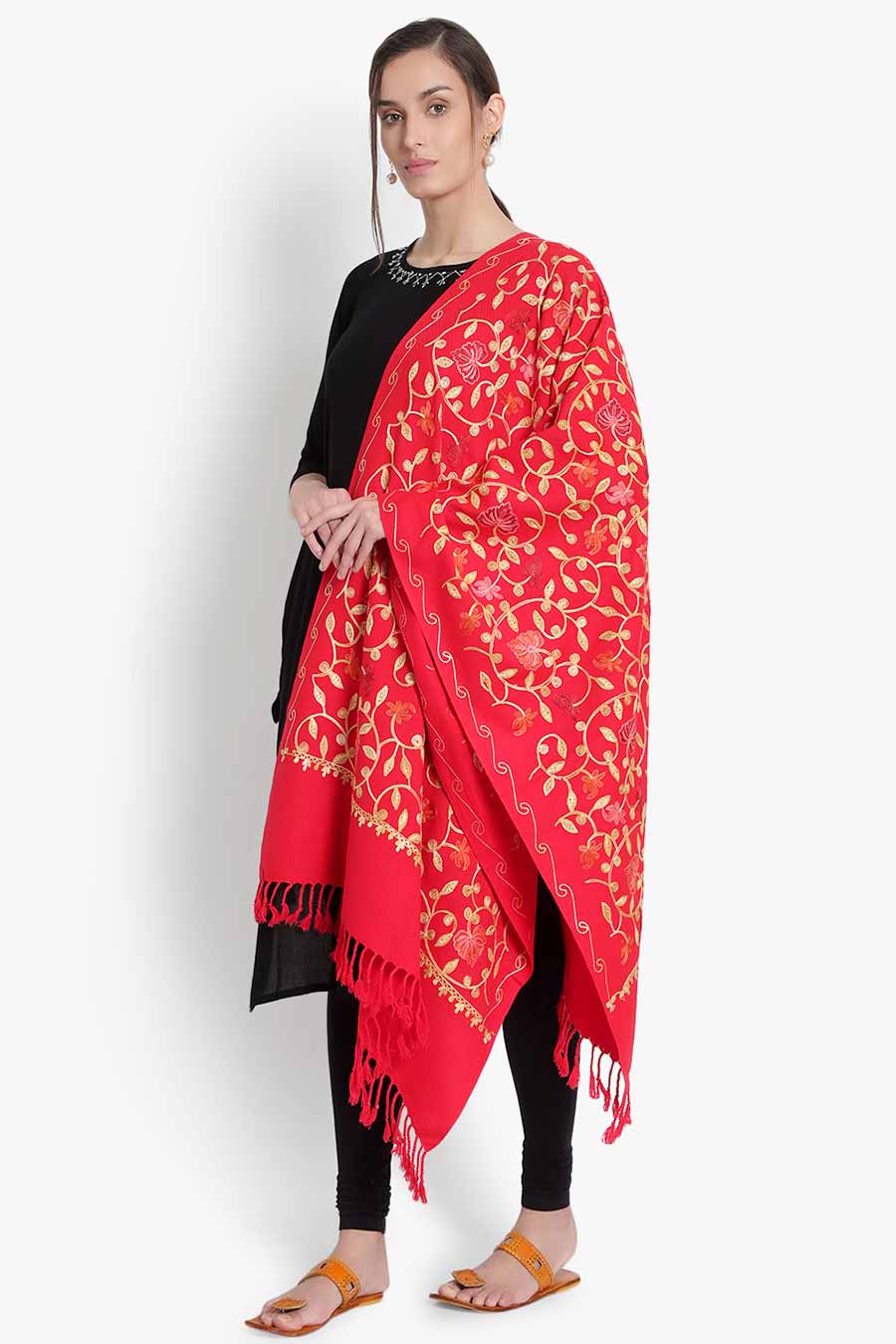 Red Wool Blend Jaal Embroidered Stole