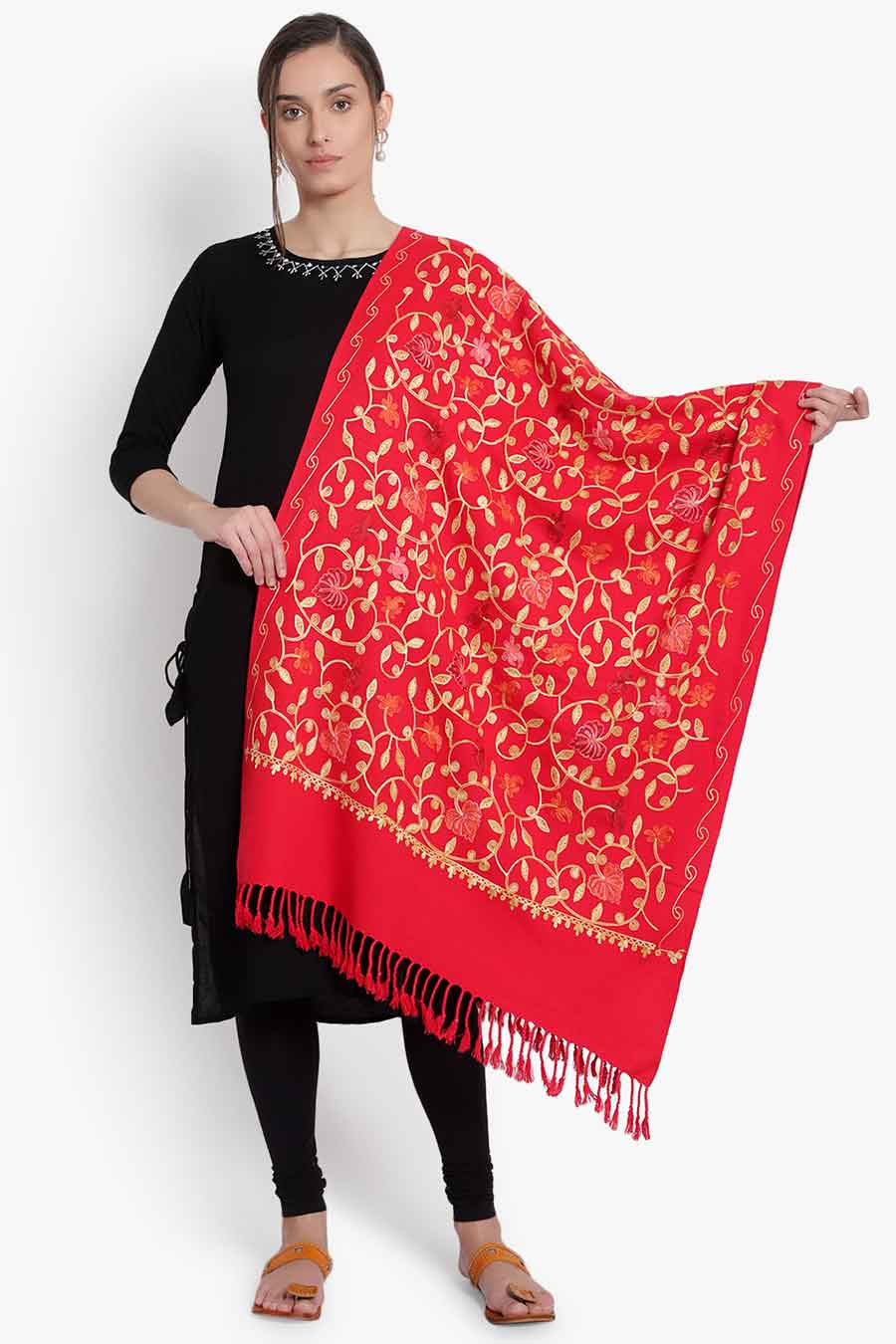 Red Wool Blend Jaal Embroidered Stole