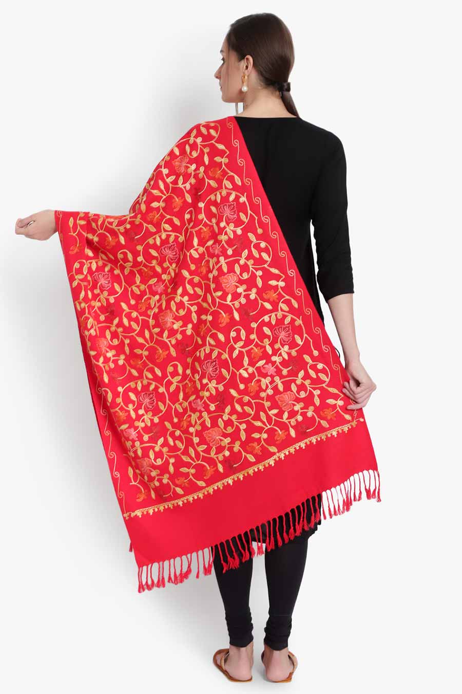 Red Wool Blend Jaal Embroidered Stole