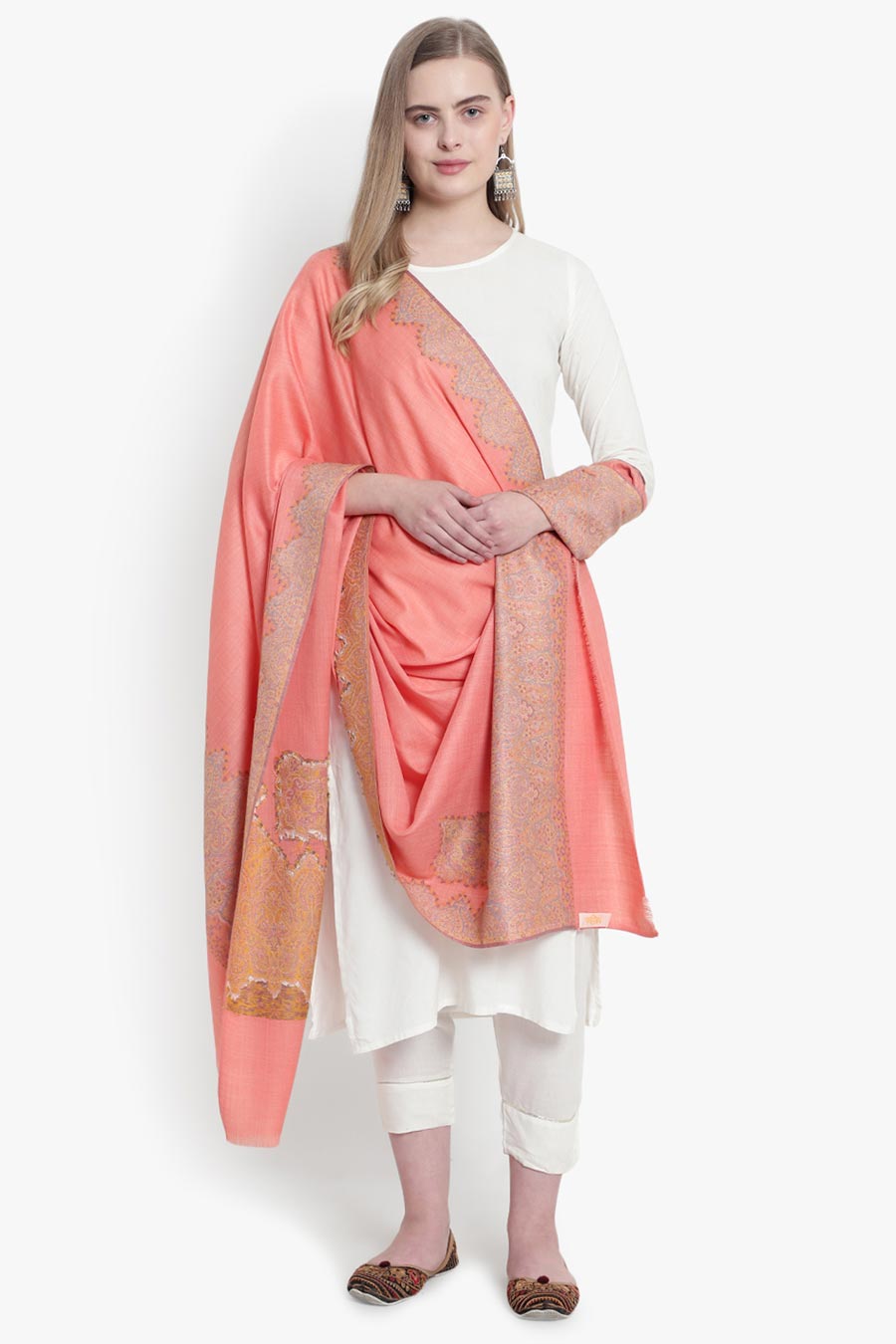 Peach Fine Wool Kashmiri Shawl