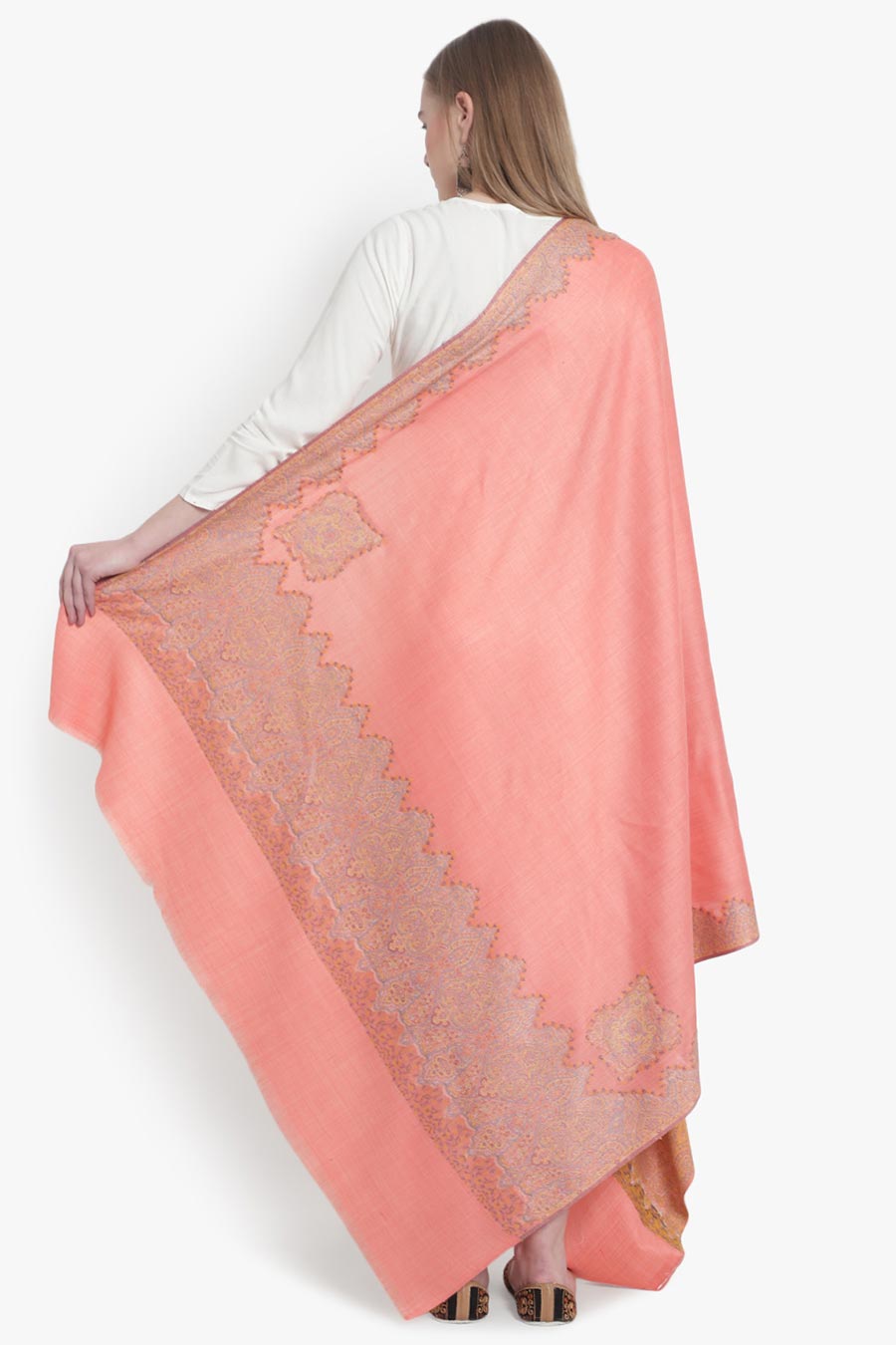 Peach Fine Wool Kashmiri Shawl
