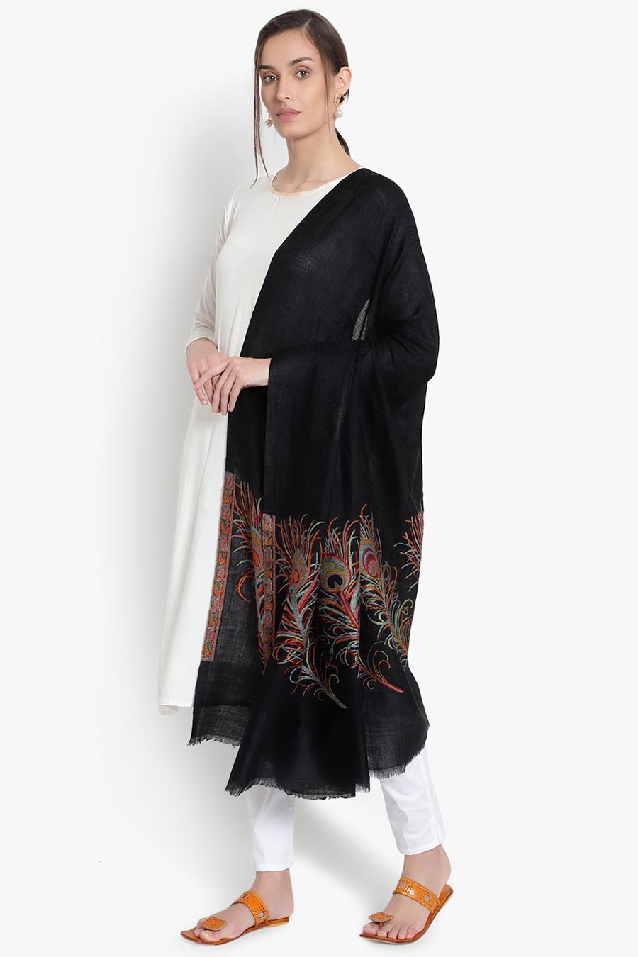 Black Peacock Feather Kashmiri Shawl