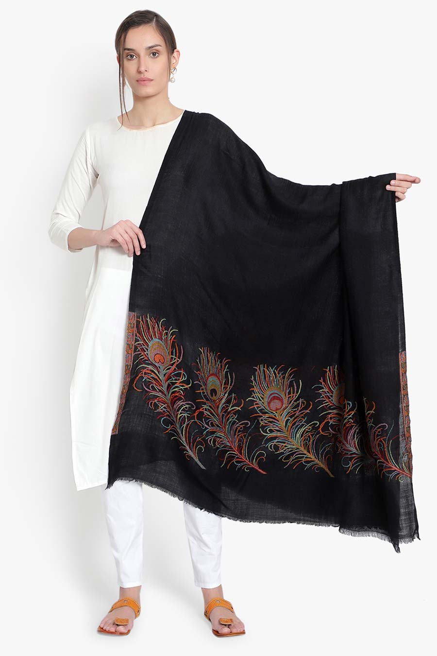 Black Peacock Feather Kashmiri Shawl