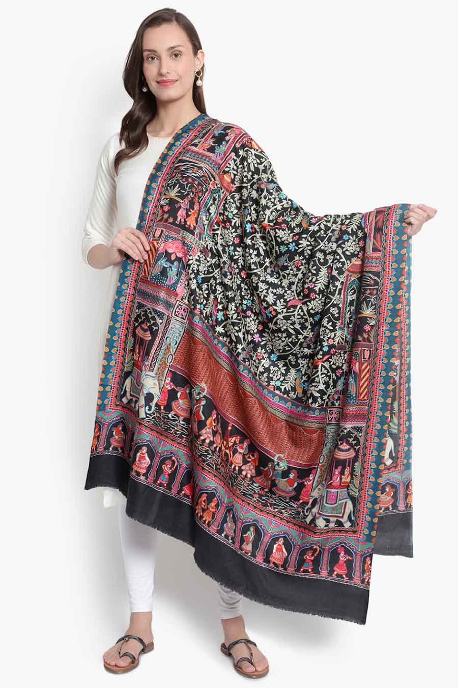 Kalamkari Art Black Pashmina Shawl