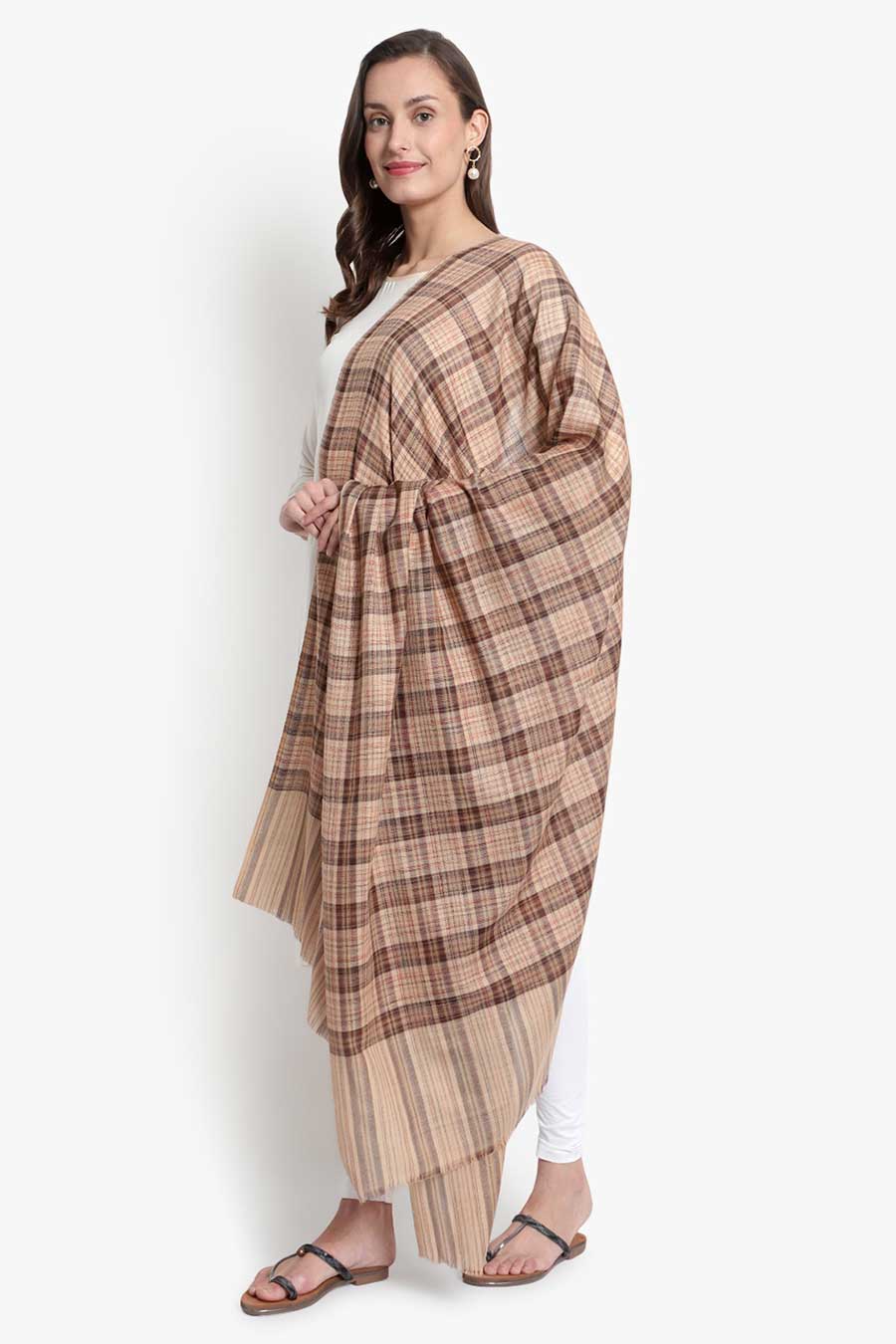 Beige & Brown Checks Kashmiri Shawl