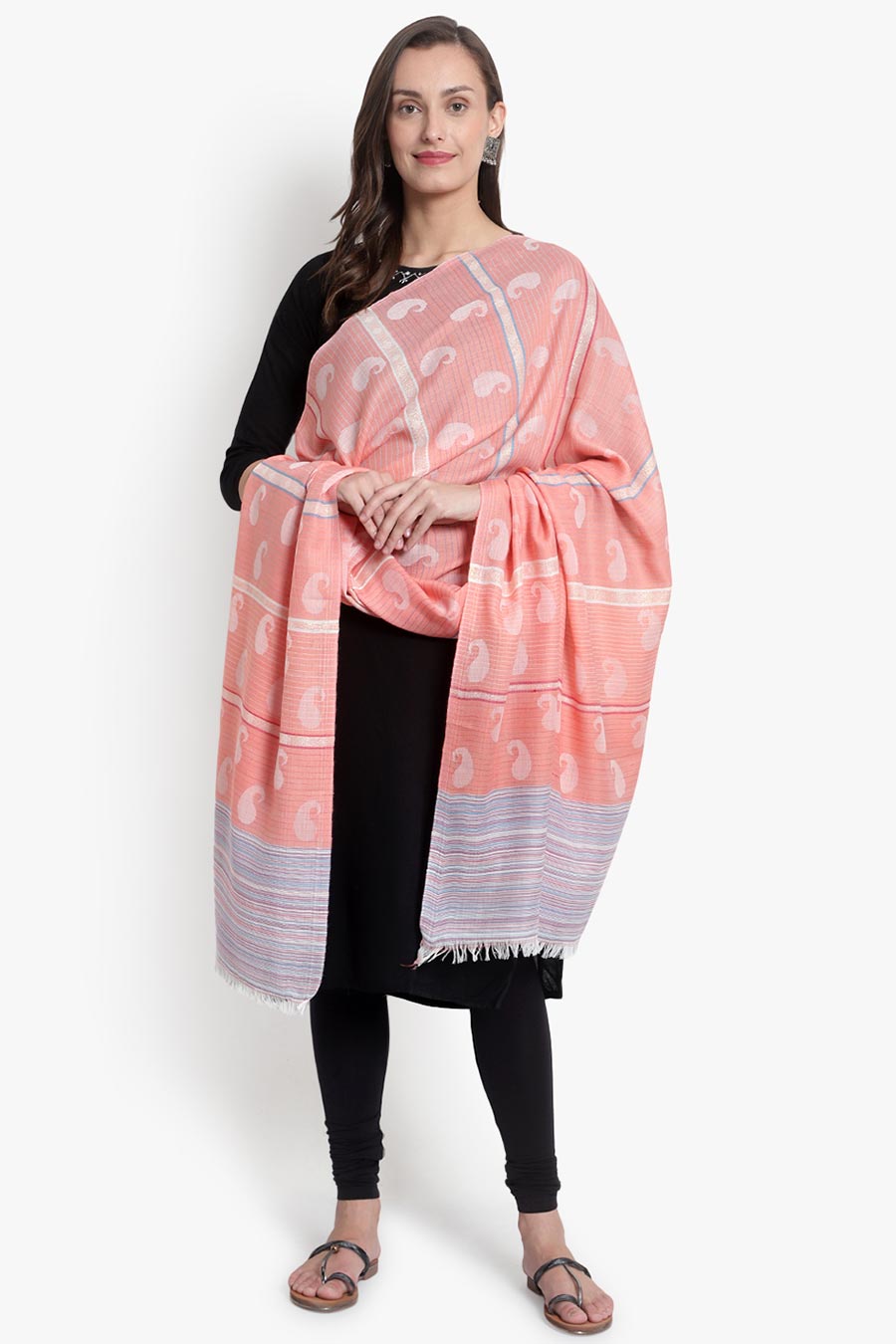 Peach Striped Paisley Kashmiri Shawl