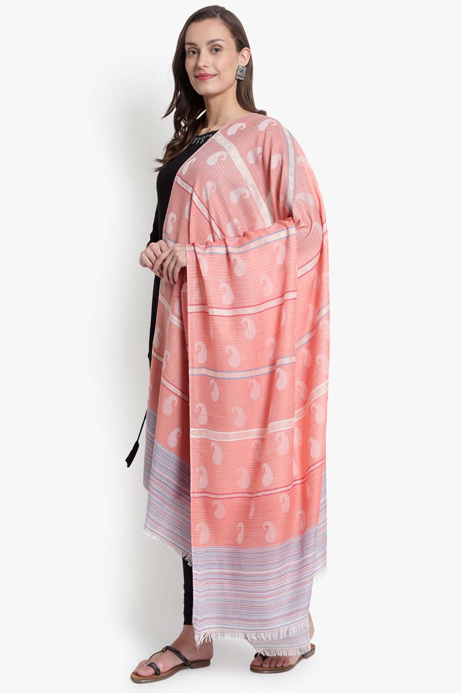 Peach Striped Paisley Kashmiri Shawl