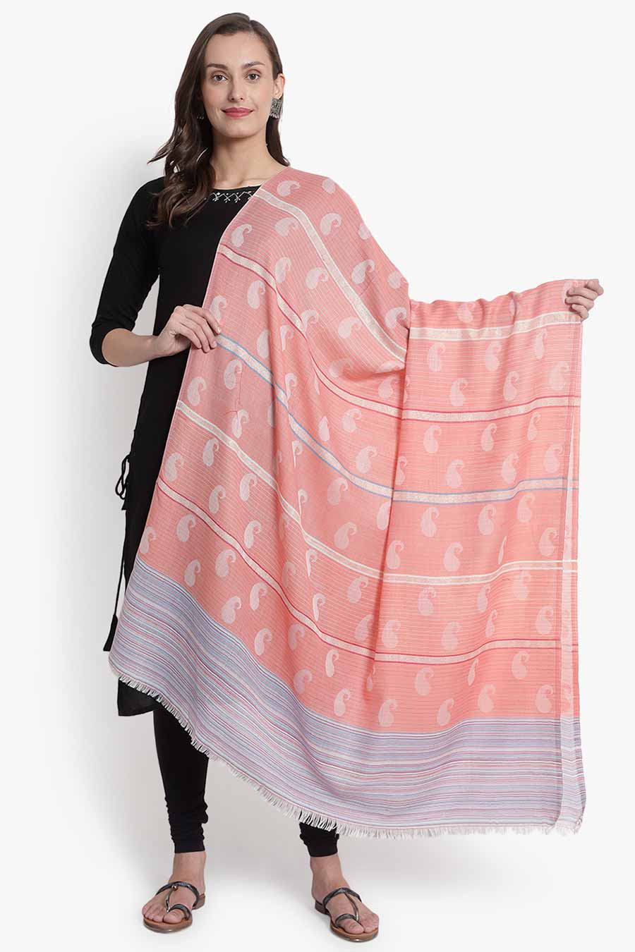 Peach Striped Paisley Kashmiri Shawl