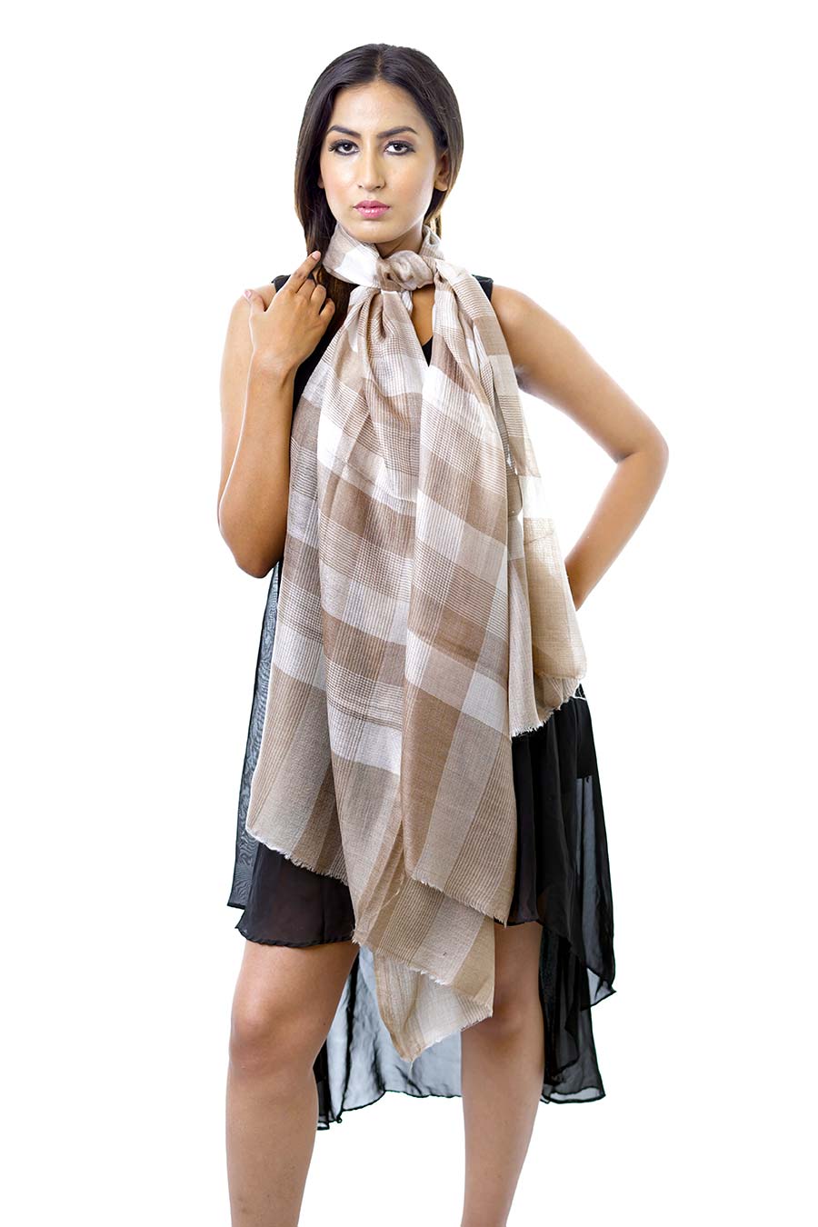Beige & Cream Checkered Fine Wool Stole