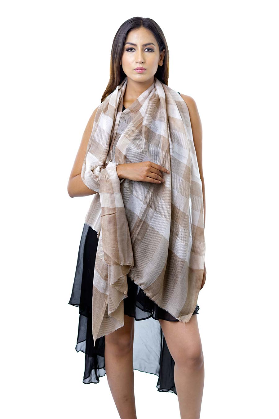 Beige & Cream Checkered Fine Wool Stole