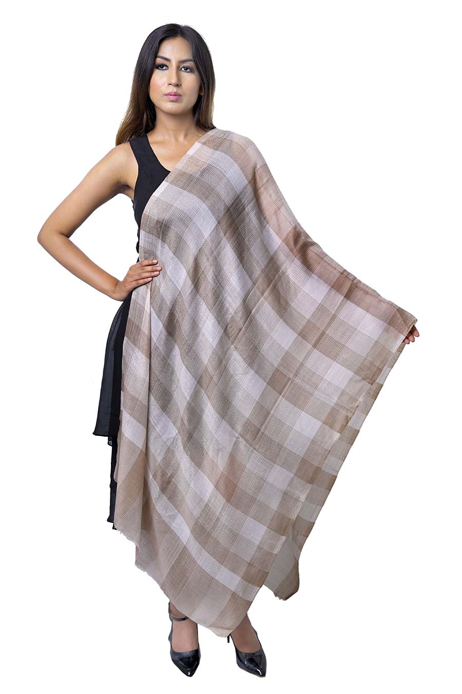 Beige & Cream Checkered Fine Wool Stole