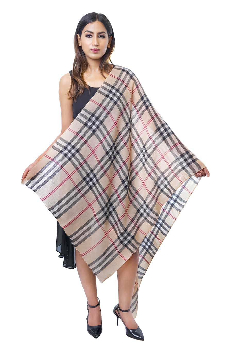 Beige Plaid Checks Fine Wool Stole