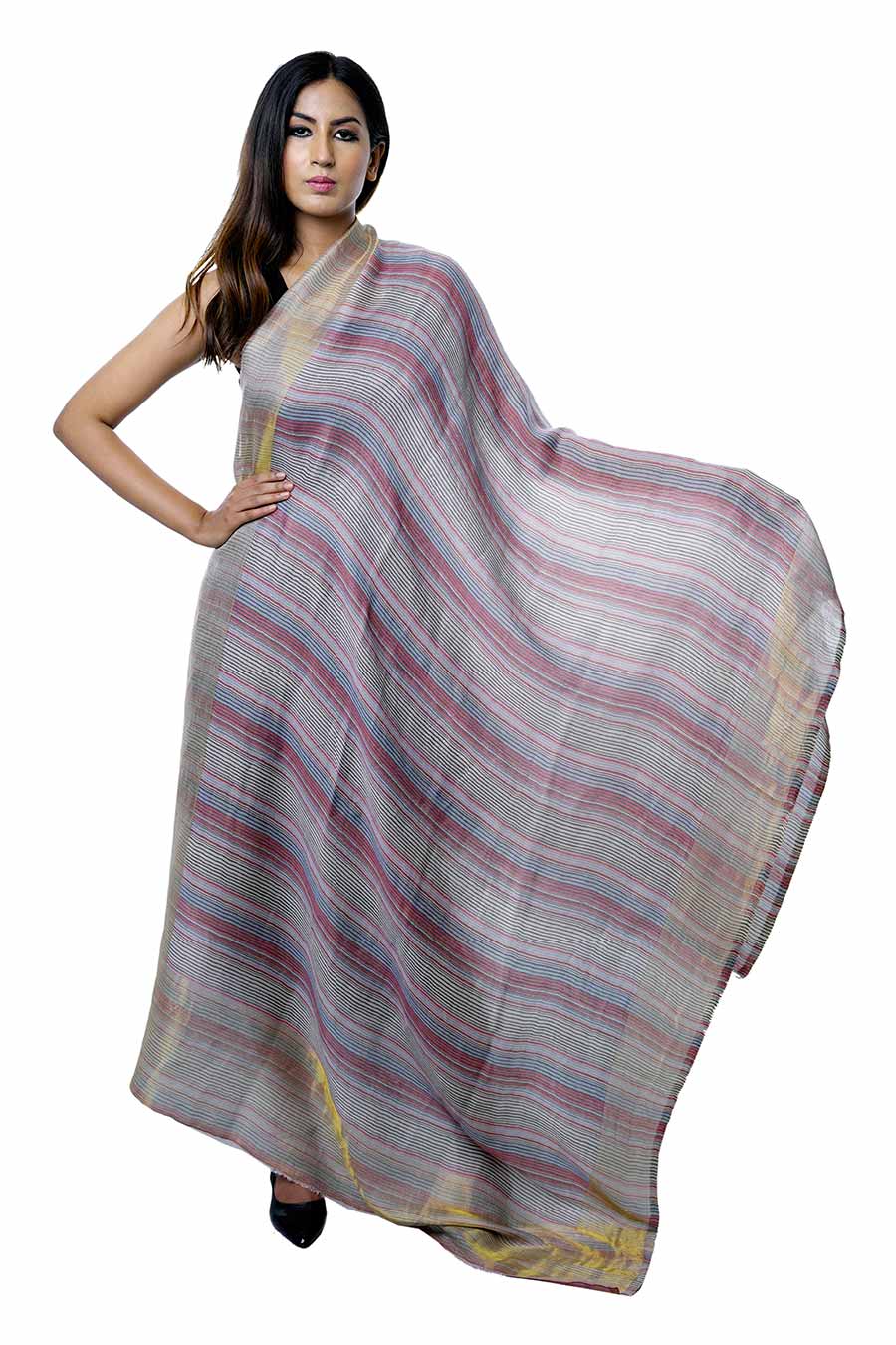 Multicolor Stripes Zari Wool Silk Shawl