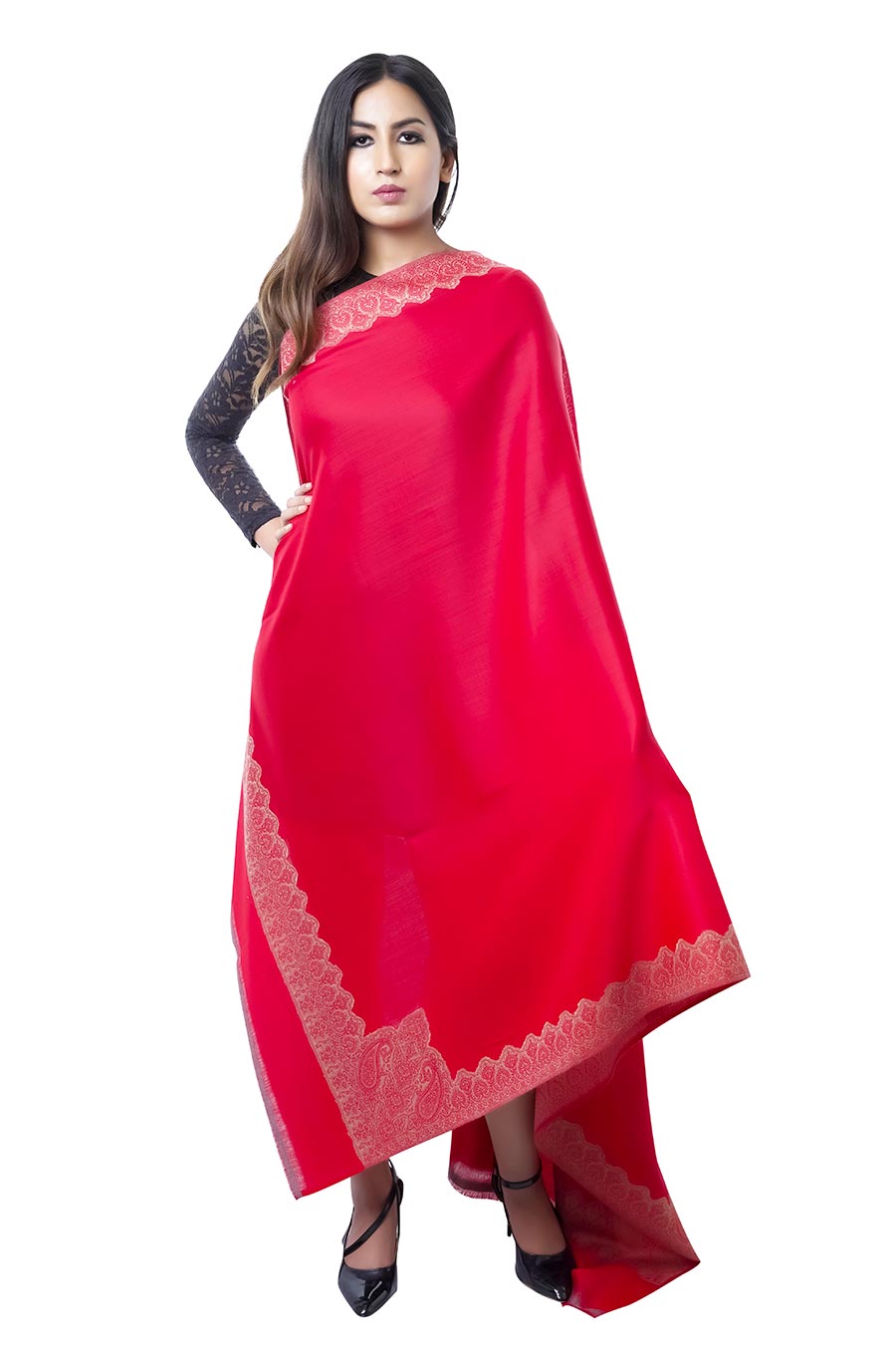 Red Kashmiri Jaquard Merino Wool Shawl