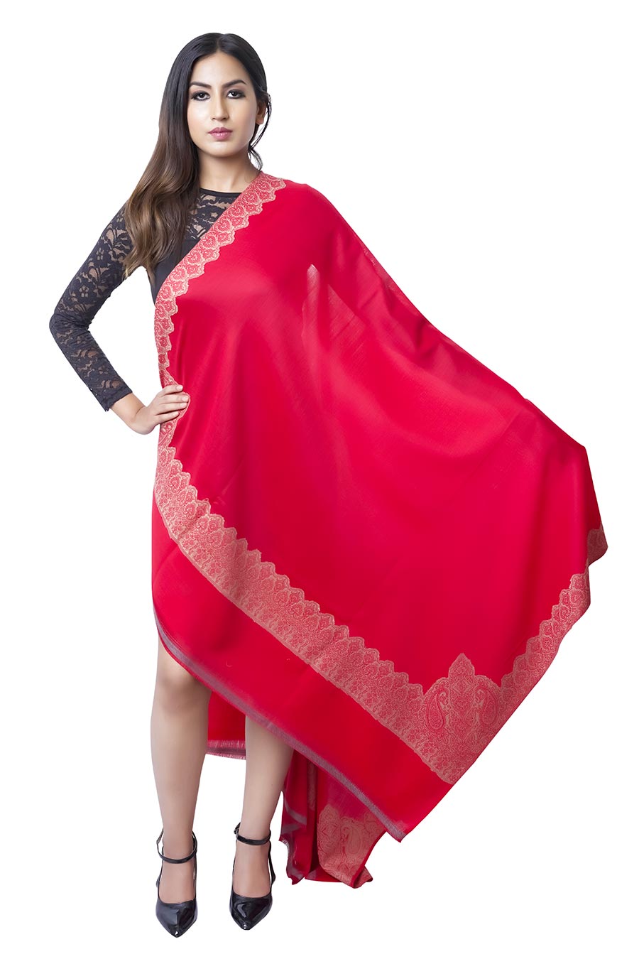 Red Kashmiri Jaquard Merino Wool Shawl