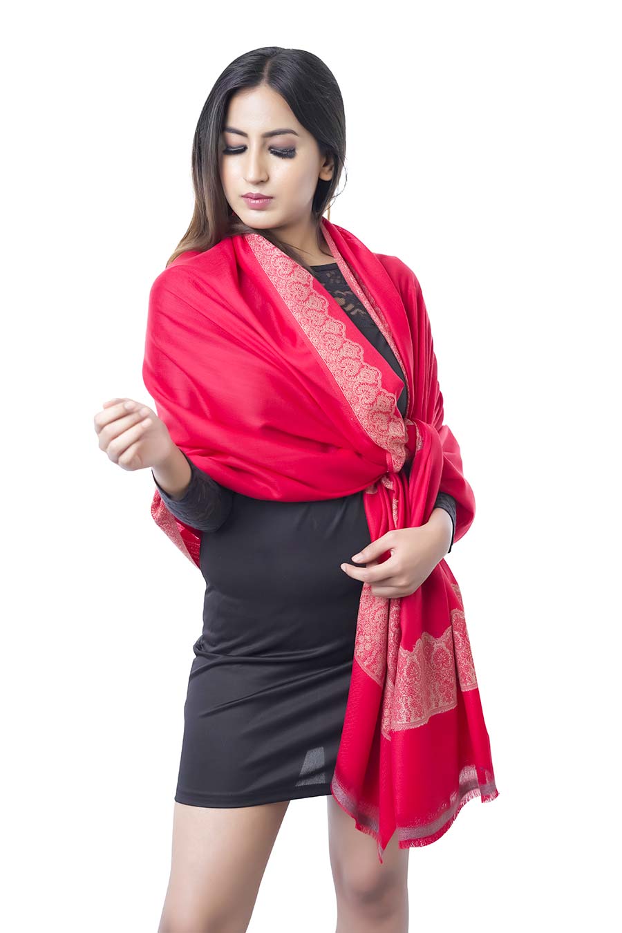 Red Kashmiri Jaquard Merino Wool Shawl