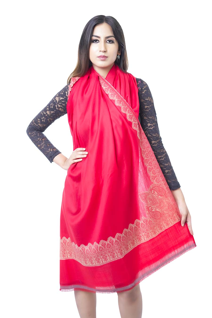 Red Kashmiri Jaquard Merino Wool Shawl