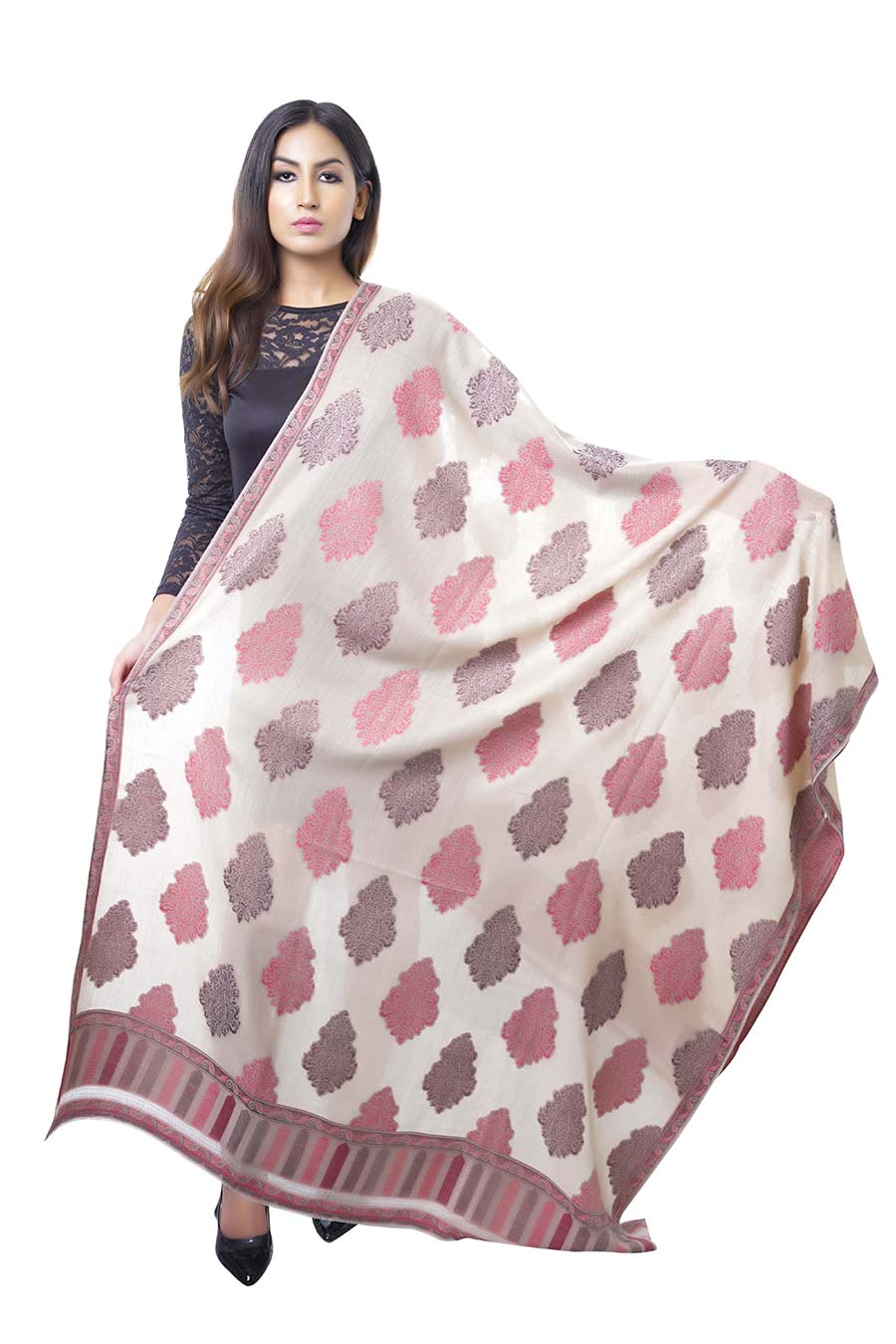 Beige Jaquard Merino Wool Shawl