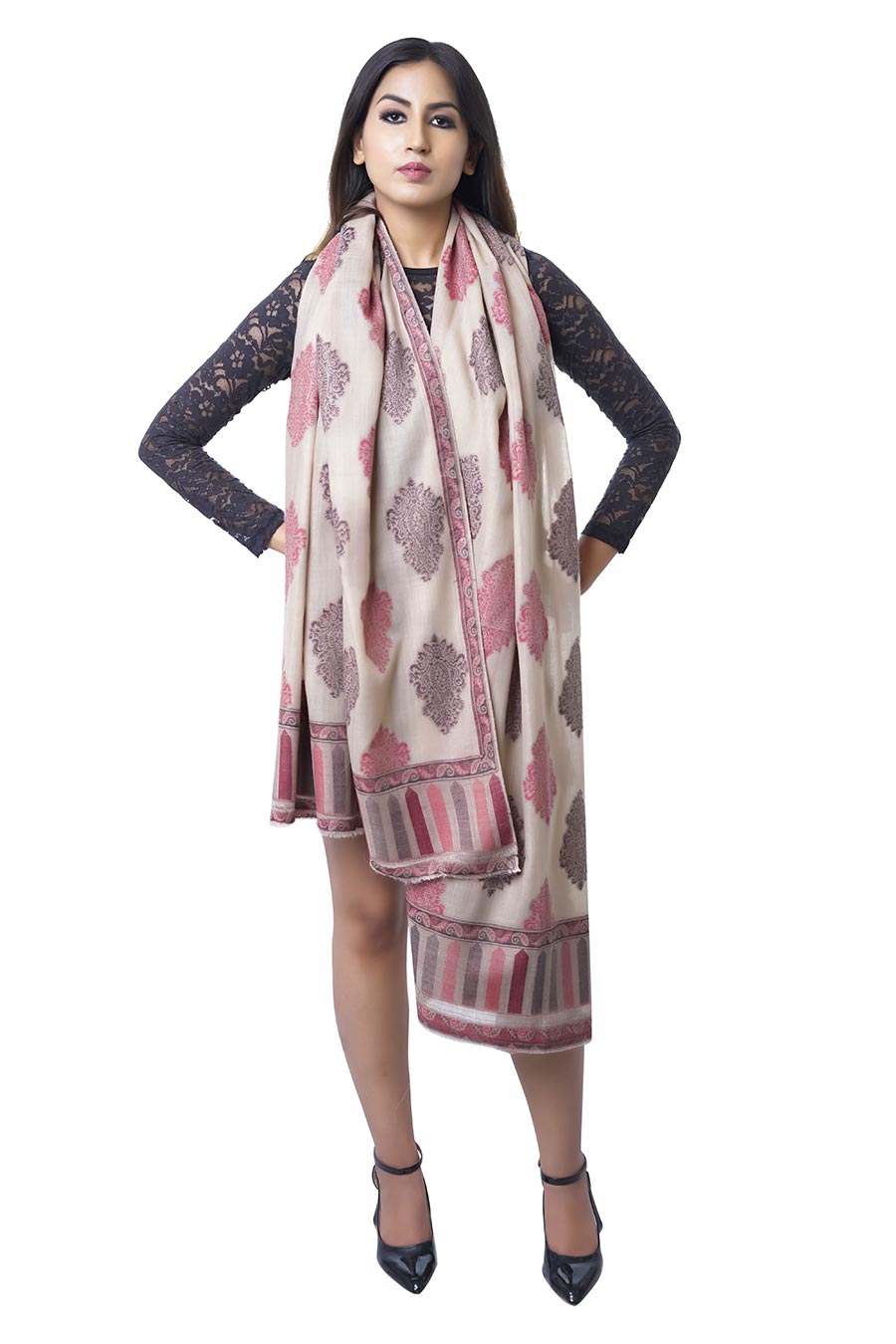 Beige Jaquard Merino Wool Shawl