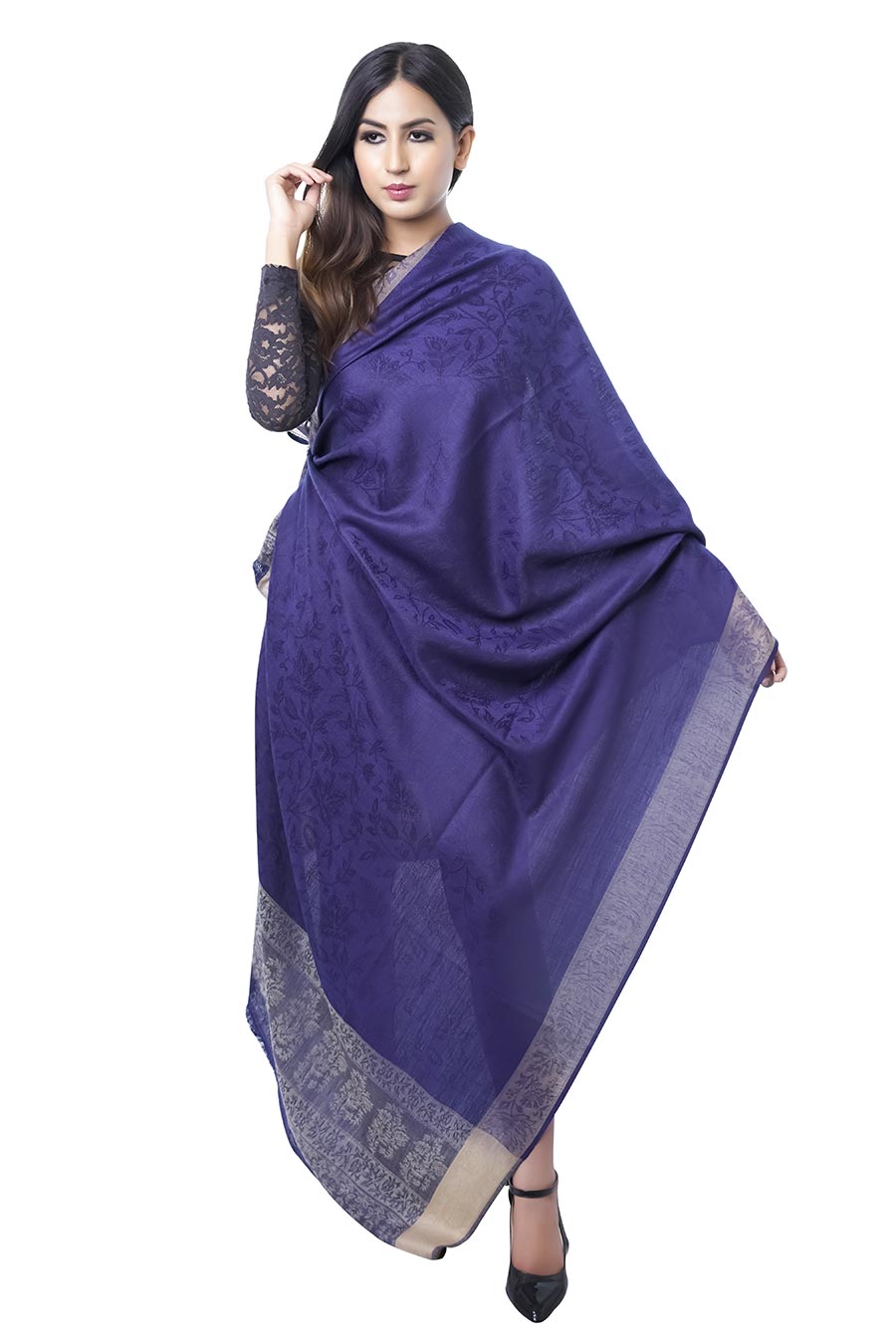 Melange Woven Blue Merino Wool Shawl