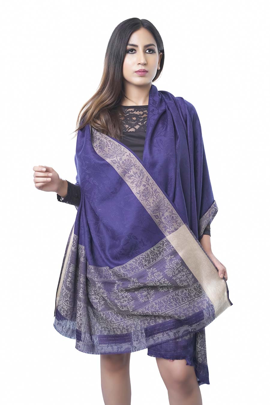 Melange Woven Blue Merino Wool Shawl