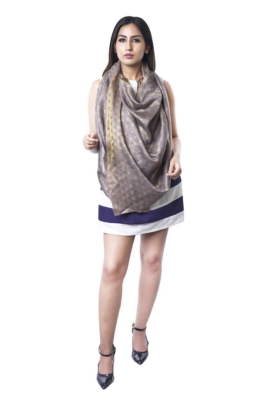 Grey Geometric Zari Fine Wool Stole