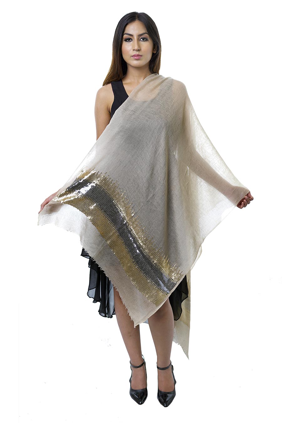 Sequin Embroidered Fine Wool Stole