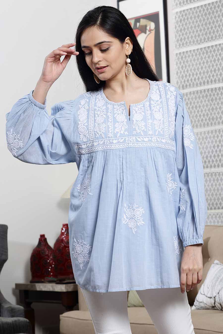 Blue Cotton Embroidered Flared Top