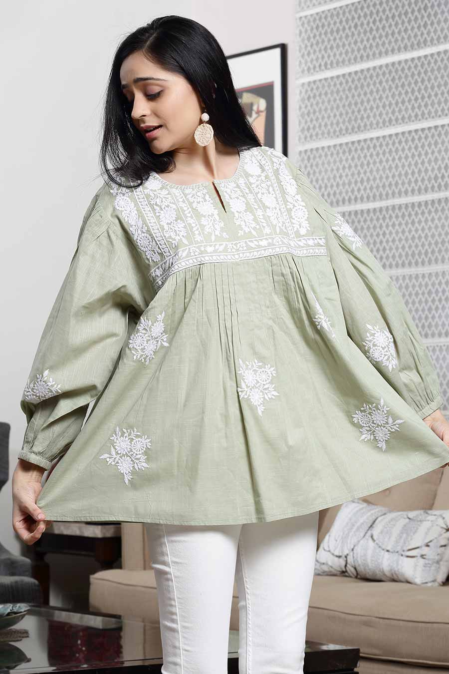 Green Cotton Embroidered Flared Top