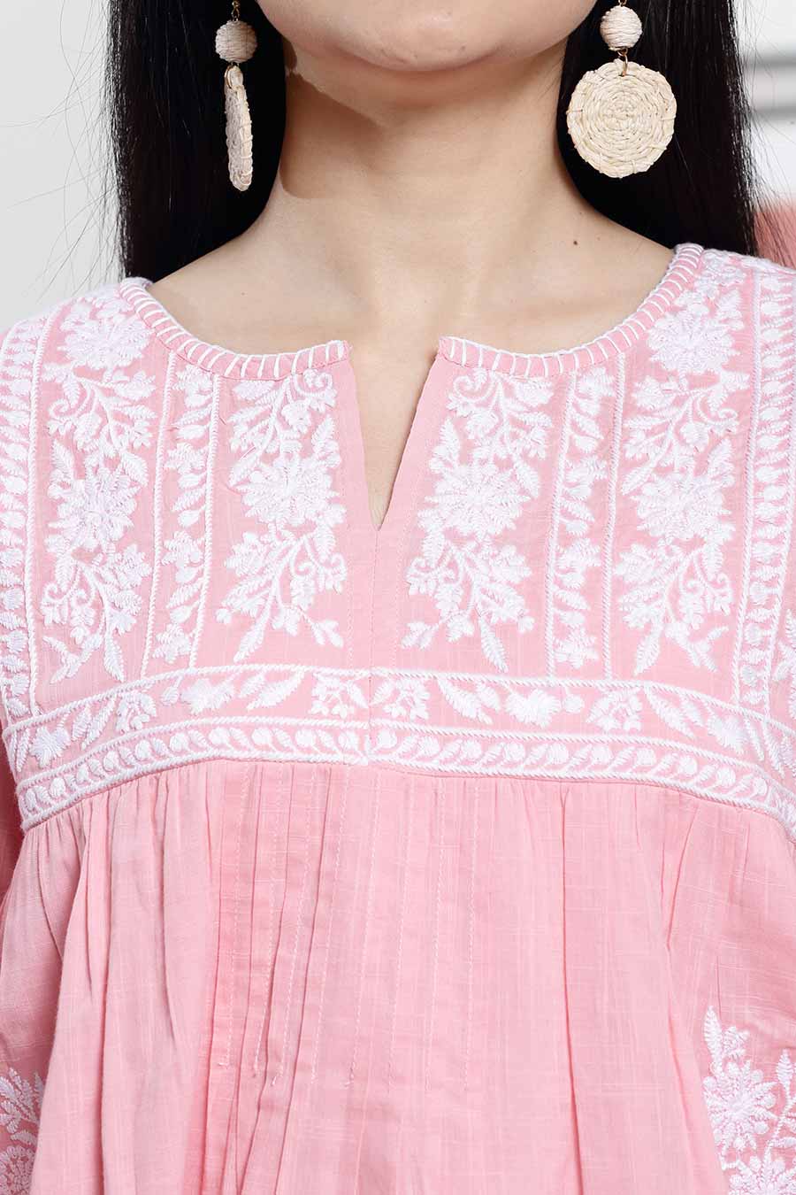Pink Cotton Embroidered Flared Top