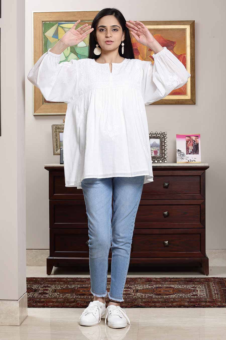 White Cotton Embroidered Flared Top