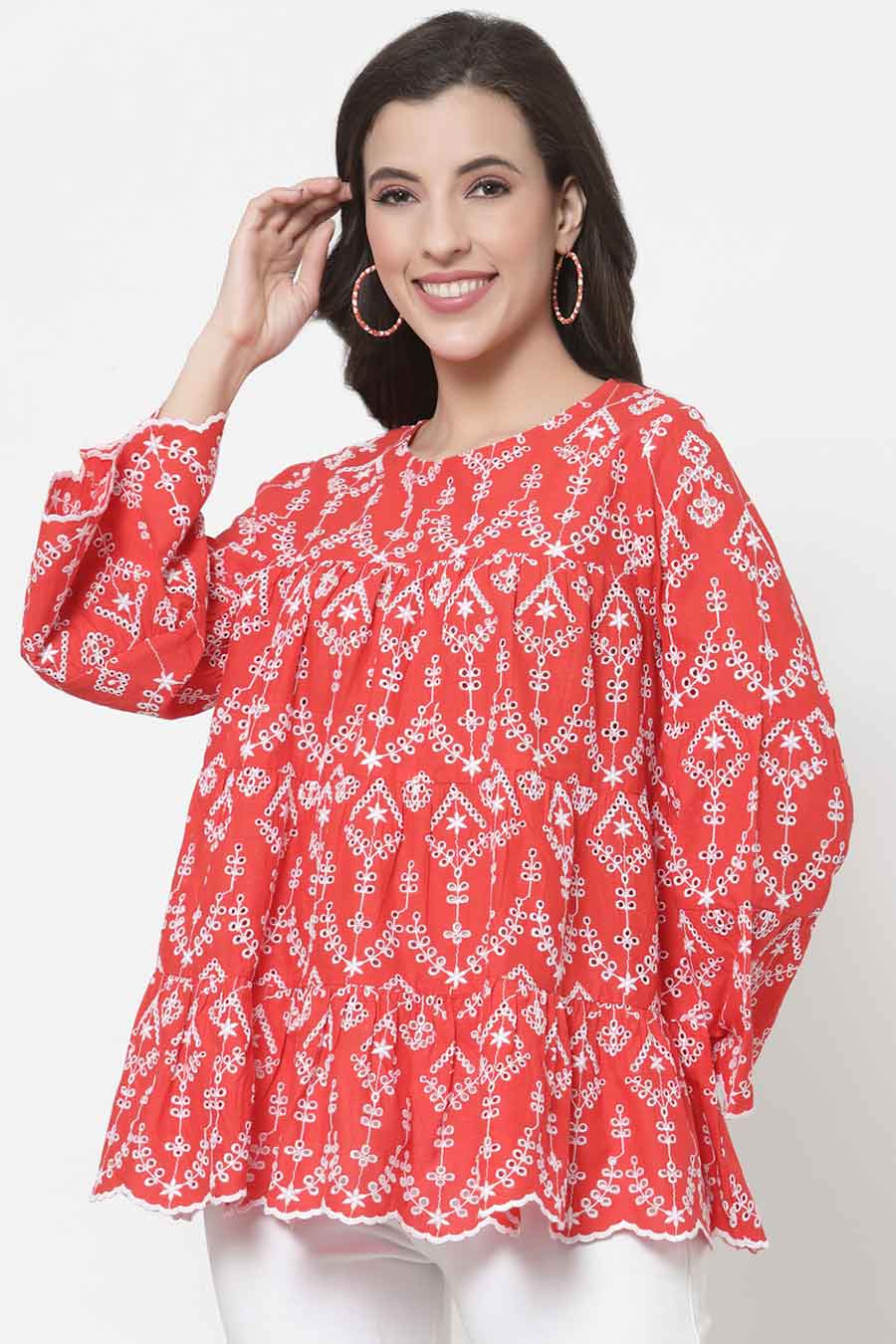 Red Cotton Embroidered Top