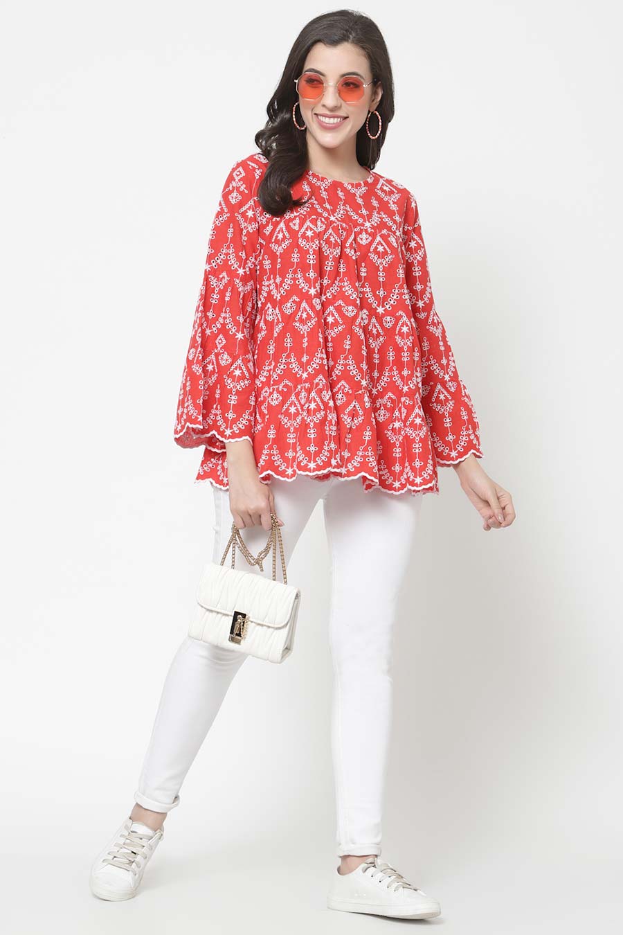 Red Cotton Embroidered Top