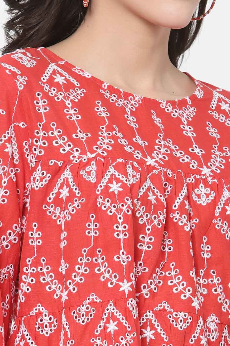 Red Cotton Embroidered Top