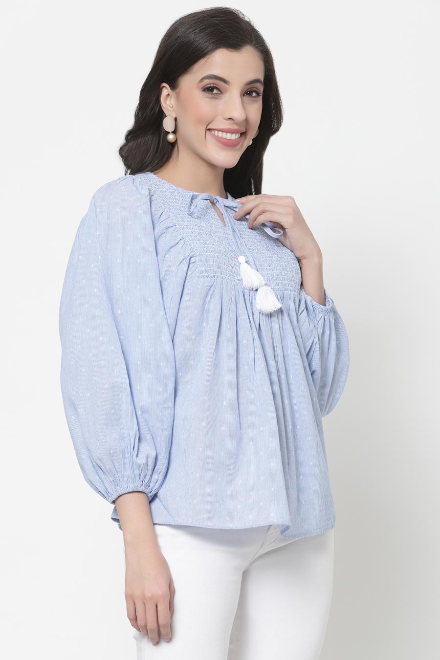 Blue Stripe Cotton Embroidered Top