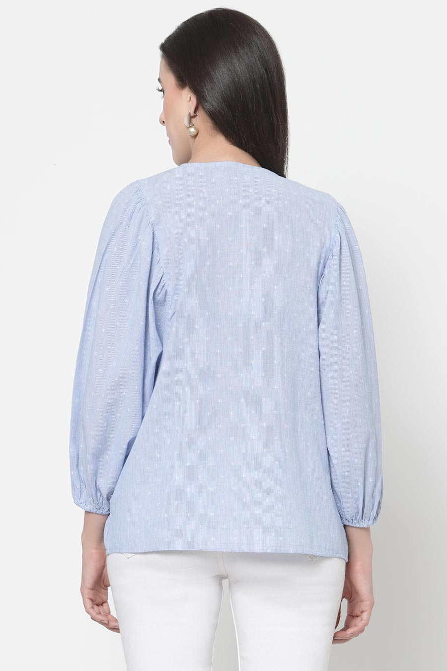 Blue Stripe Cotton Embroidered Top
