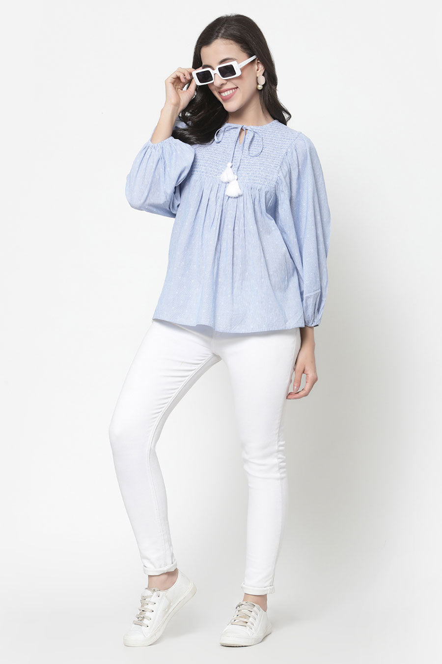 Blue Stripe Cotton Embroidered Top