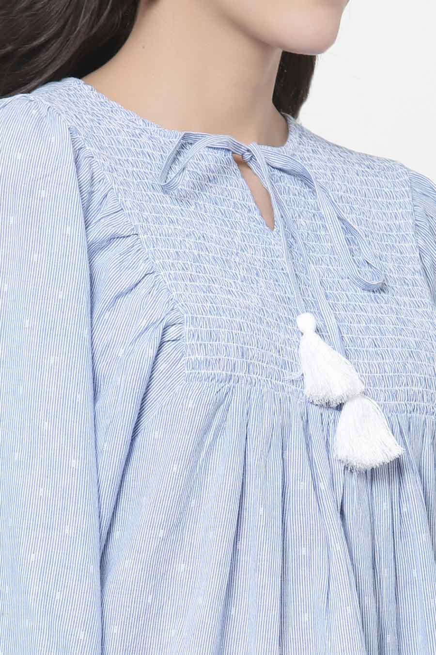 Blue Stripe Cotton Embroidered Top