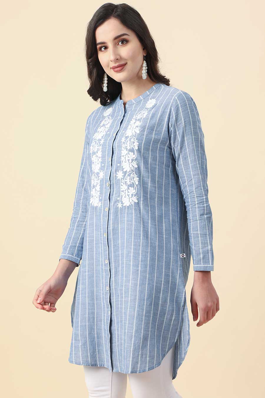 Floral Embroidered Blue Shirt Tunic