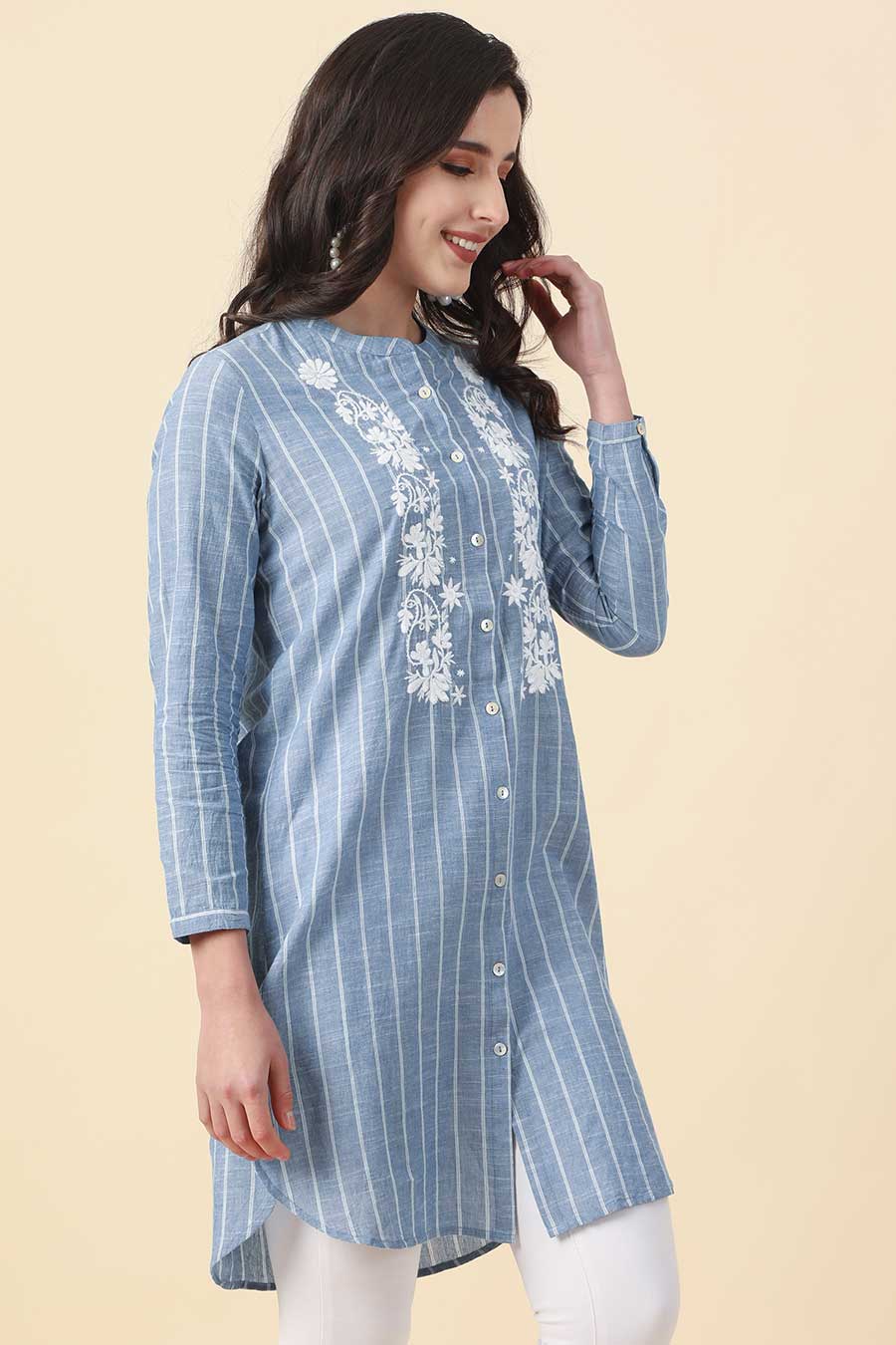 Floral Embroidered Blue Shirt Tunic