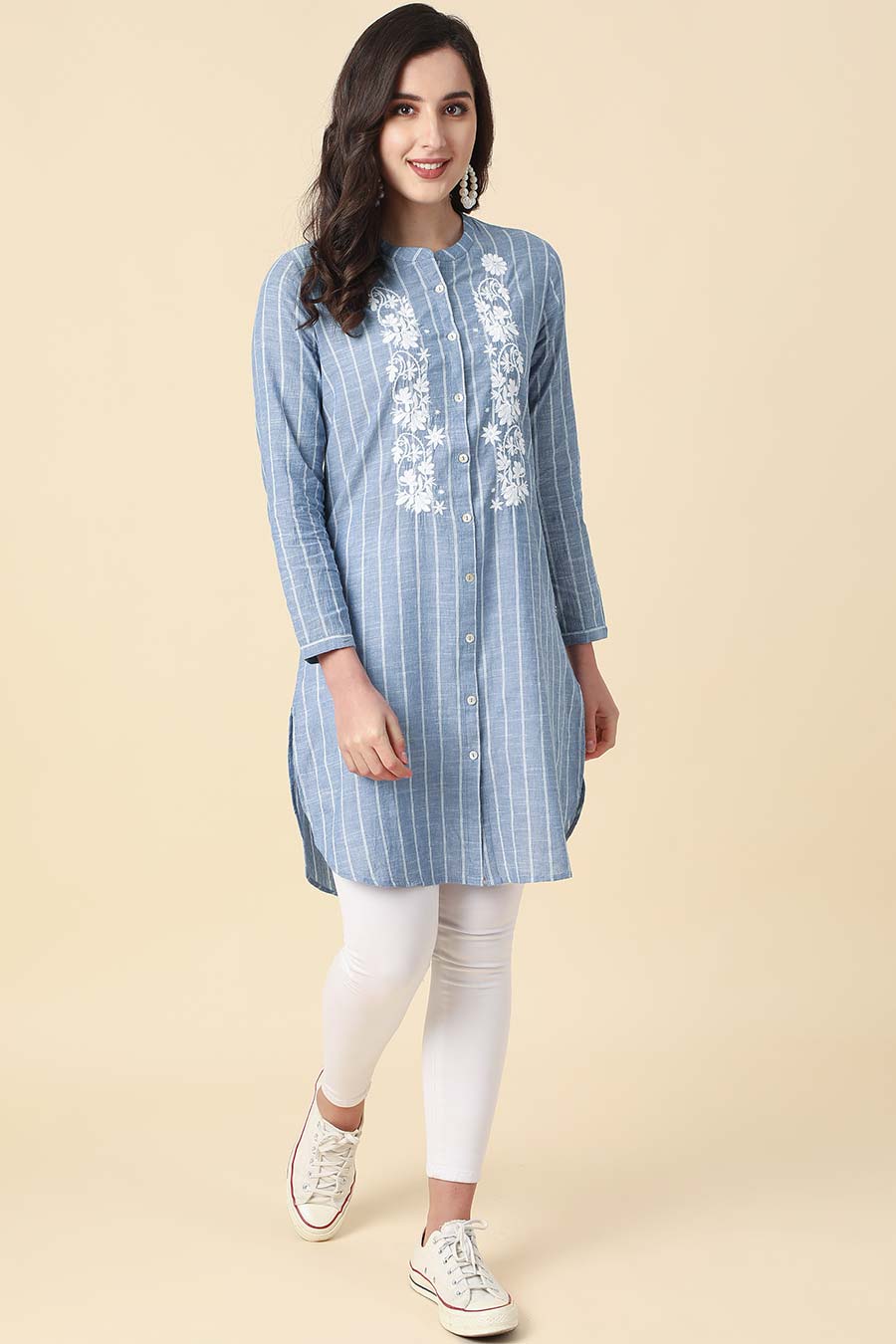 Floral Embroidered Blue Shirt Tunic