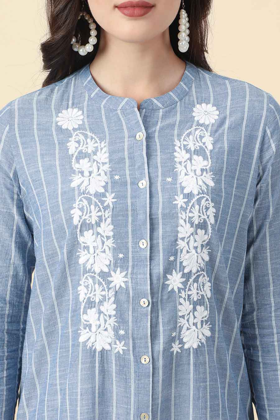 Floral Embroidered Blue Shirt Tunic