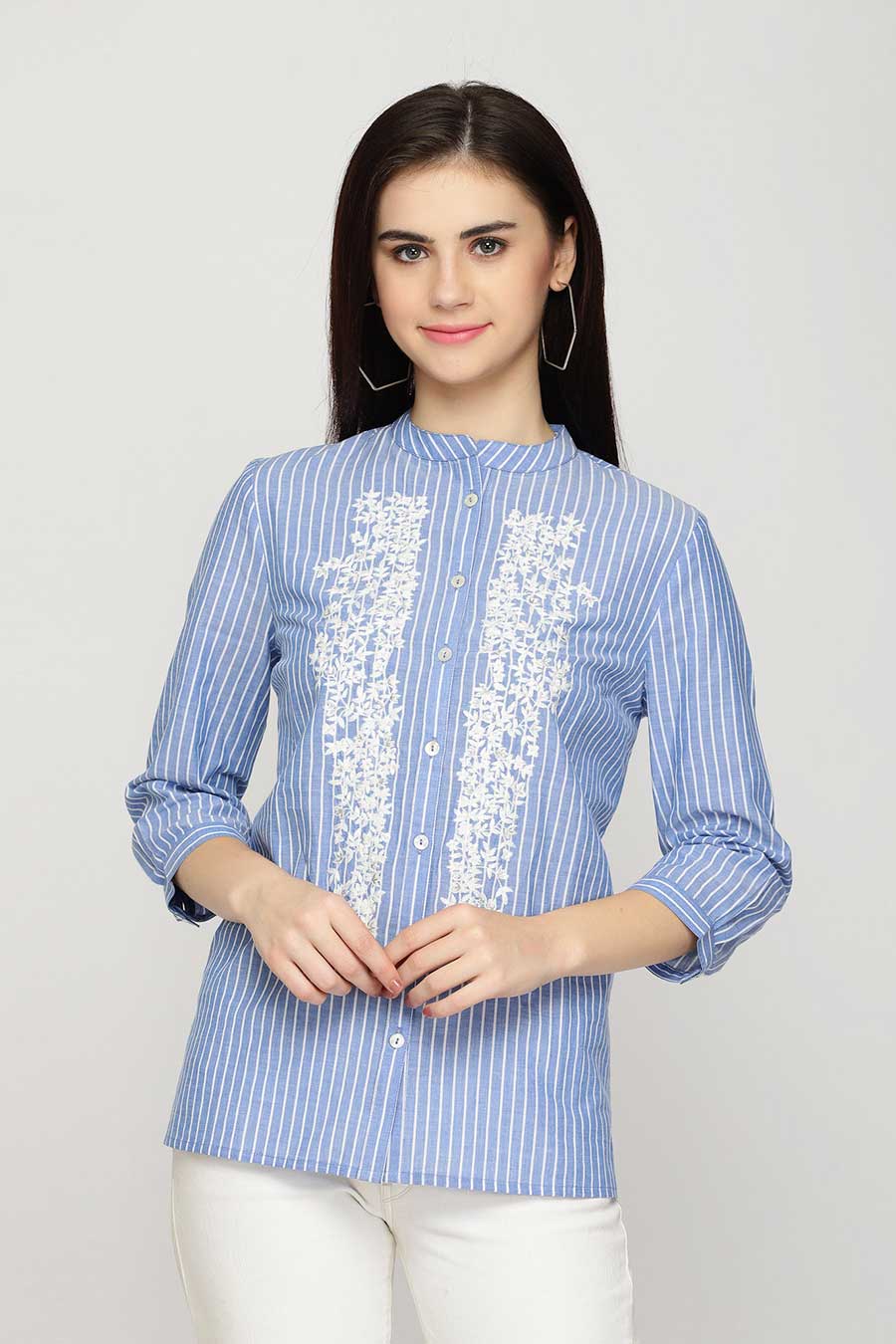Blue Stripe Embroidered Shirt Top