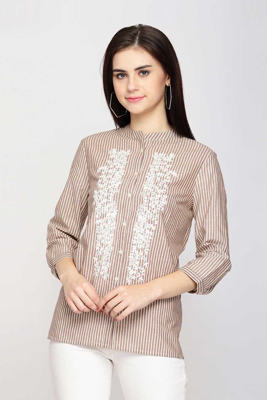 Brown Stripe Embroidered Shirt Top